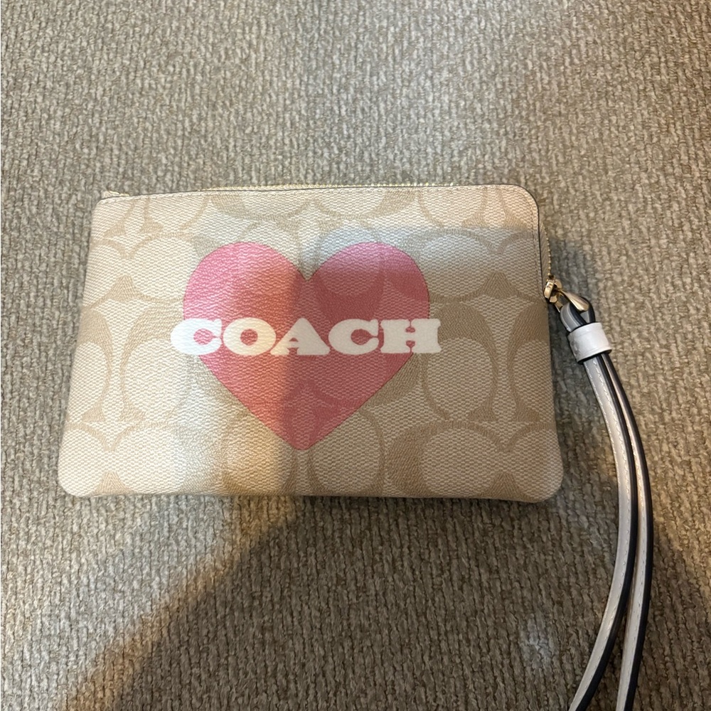 Coach Beige Wristlet with Pink Heart